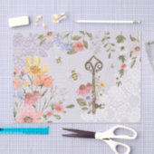 水彩ワイルドフラワーレースヴィンテージ鍵デコページ 薄葉紙 (クラフト)