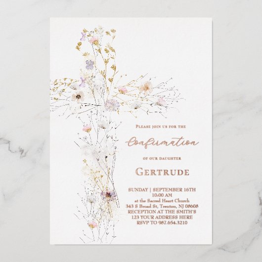 水彩ワイルドフラワー十字の確認 箔招待状 (正面)