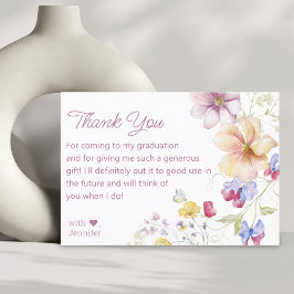 水彩ワイルドフラワー卒業ピンクスクリプト サンキューカード