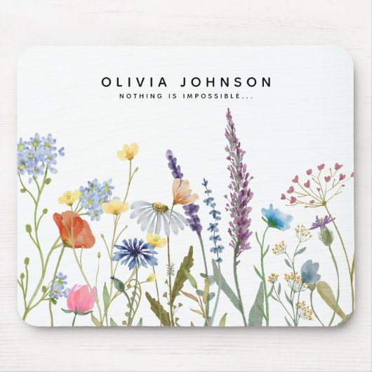 水彩ワイルドフラワー名やる気を起こさせる引用文 マウスパッド (正面)
