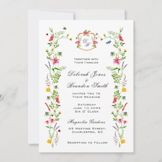 水彩ワイルドフラワー庭園の結婚式招待状 案内状 (正面)