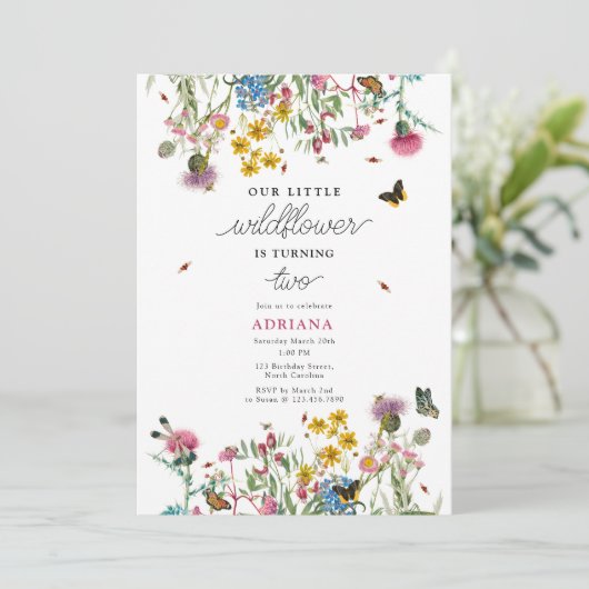 水彩ワイルドフラワー昆虫フローラガール誕生日 招待状 (スタンド正面)