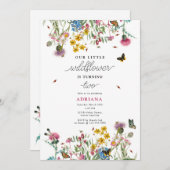 水彩ワイルドフラワー昆虫フローラガール誕生日 招待状 (正面/裏面)