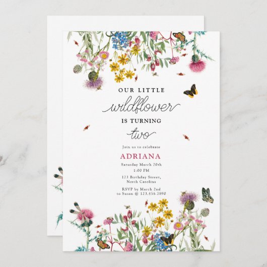 水彩ワイルドフラワー昆虫フローラガール誕生日 招待状 (正面/裏面)