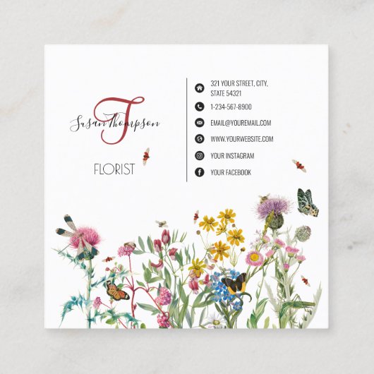 水彩ワイルドフラワー昆虫フローラ花屋 スクエア名刺 (裏面)