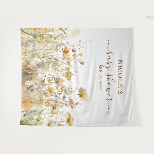 水彩ワイルドフラワー秋ベビーシャワー背景 タペストリー (正面(横))