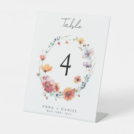 水彩ワイルドフラワー結婚のテーブル番号 台座サイン (正面)