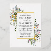 水彩ワイルドフラワー結婚ズダスティブルー金ゴールド 箔招待状 (正面)