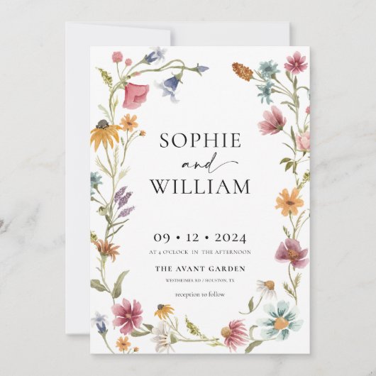水彩ワイルドフラワー結婚式招待状 招待状 (正面)