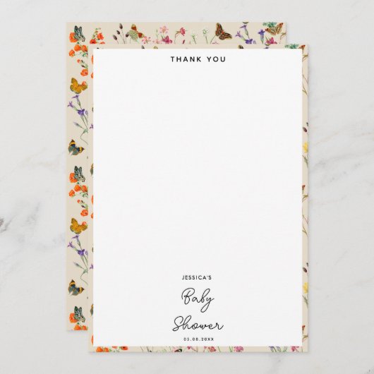 水彩ワイルドフラワー蝶ベビーシャワー サンキューカード (正面/裏面)