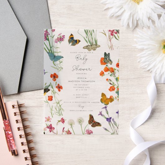 水彩ワイルドフラワー蝶ベビーシャワー ベラム紙招待状 (ウェディング)