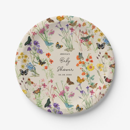 水彩ワイルドフラワー蝶ベビーシャワー ペーパープレート (正面)