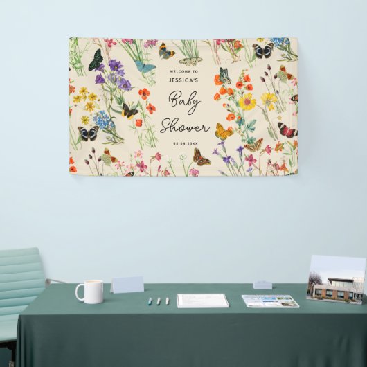 水彩ワイルドフラワー蝶ベビーシャワー 横断幕 (トレードショー)