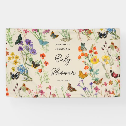 水彩ワイルドフラワー蝶ベビーシャワー 横断幕 (横)