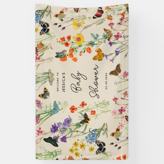水彩ワイルドフラワー蝶ベビーシャワー 横断幕 (縦)