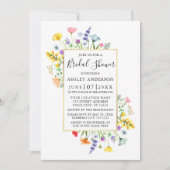 水彩ワイルドフラワー金ゴールドフレームブライダルシャワー 招待状 (正面)