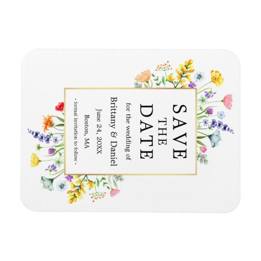 水彩ワイルドフラワー金ゴールドフレーム日付の保存 マグネット (横)