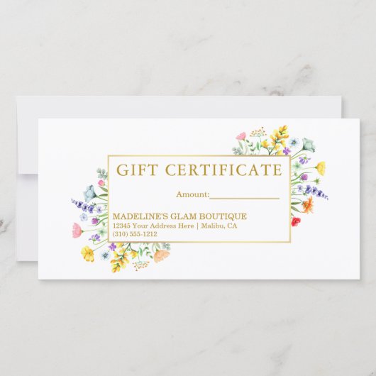 水彩ワイルドフラワー金ゴールド枠ギフト証明書 (正面)
