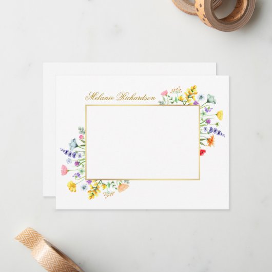 水彩ワイルドフラワー金ゴールド枠パーソナライズされた ノートカード (正面/裏面インサイチュ)