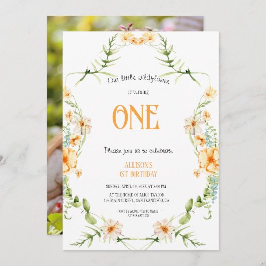 水彩ワイルドフラワー1stバースデーメイブガール 招待状 (正面/裏面)
