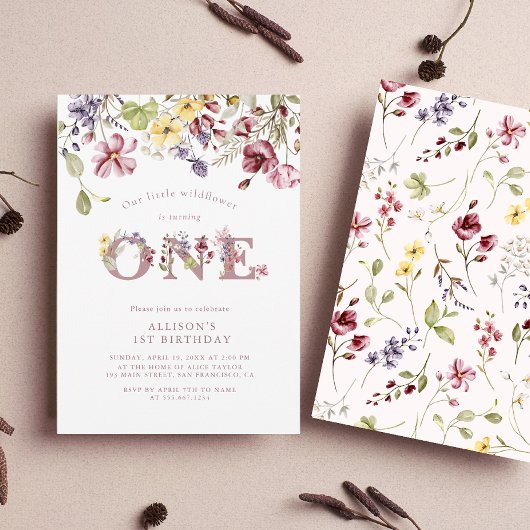 水彩ワイルドフラワー1stバースデーメイブガール 招待状