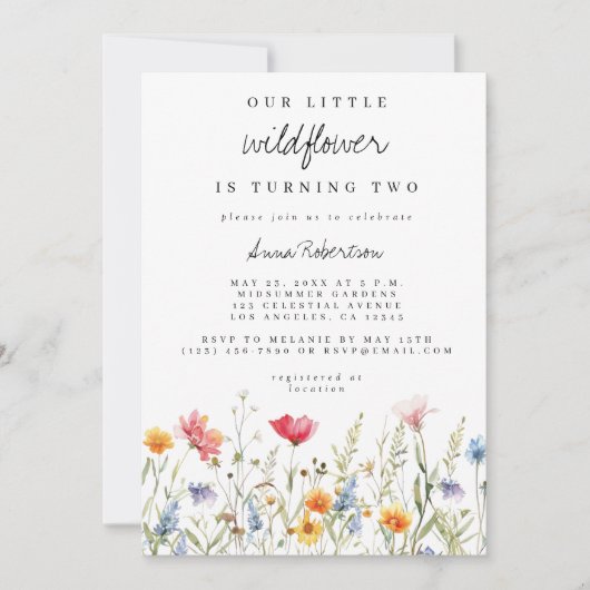 水彩ワイルドフラワー2回目の誕生日パーティー 招待状 (正面)