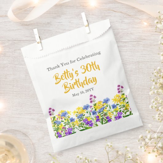水彩ワイルドフラワー30thバースデーパーティーのお願い フェイバーバッグ (クリップ留めされた状態)