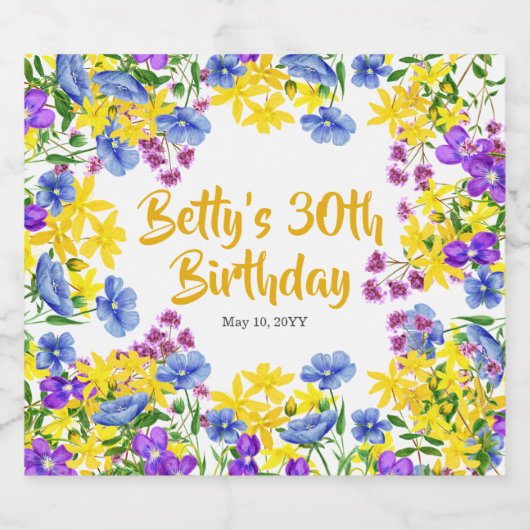 水彩ワイルドフラワー30th誕生日パーティー スパークリングワインラベル (シングルラベル)