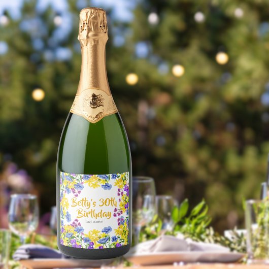 水彩ワイルドフラワー30th誕生日パーティー スパークリングワインラベル