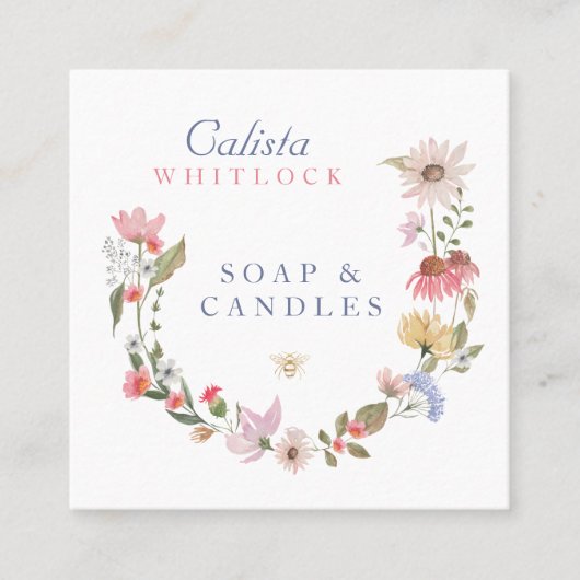 水彩ワイルドフラワー&リーフの正方形ビジネス スクエア名刺 (正面)