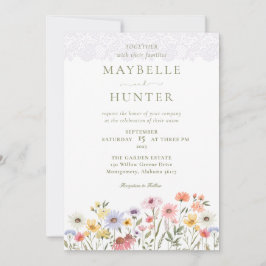 水彩ワイルドフラワー、葉&レース結婚ズ 招待状