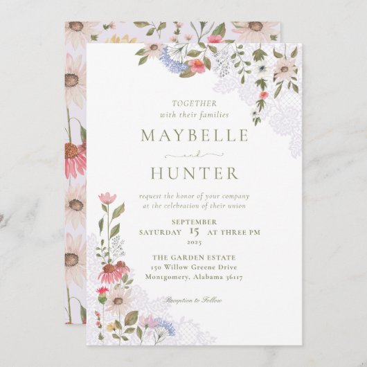 水彩ワイルドフラワー、葉&レース結婚ズ 招待状 (正面/裏面)