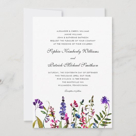 水彩ワイルドフラワー | 3親の結婚値 招待状 (正面)