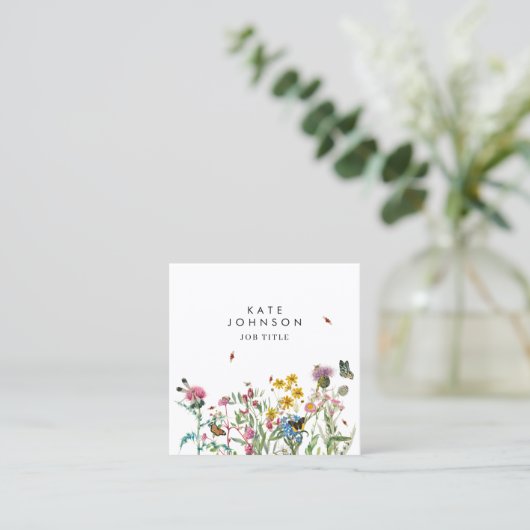 水彩ワイルドフラワーQRコードソーシャルメディア スクエア名刺 (スタンド正面)