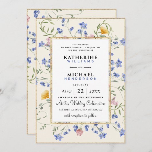 水彩ワイルドフラワーQRコード詳細RSVP 結婚's 招待状 (正面/裏面)