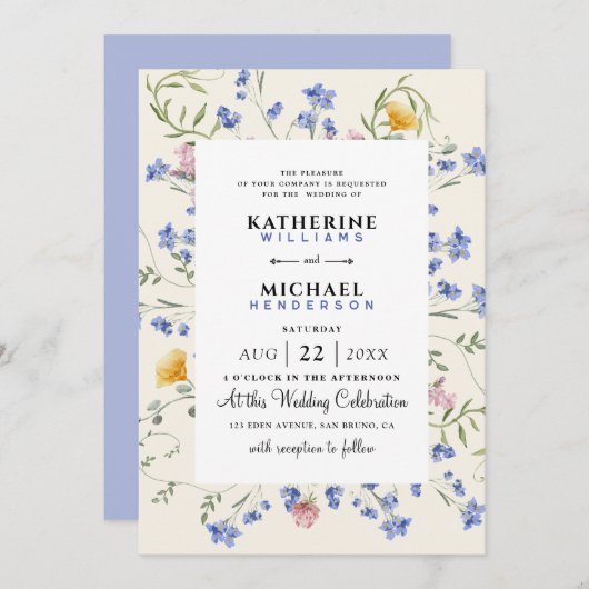 水彩ワイルドフラワーQRコード詳細RSVP 結婚's 招待状 (正面/裏面)