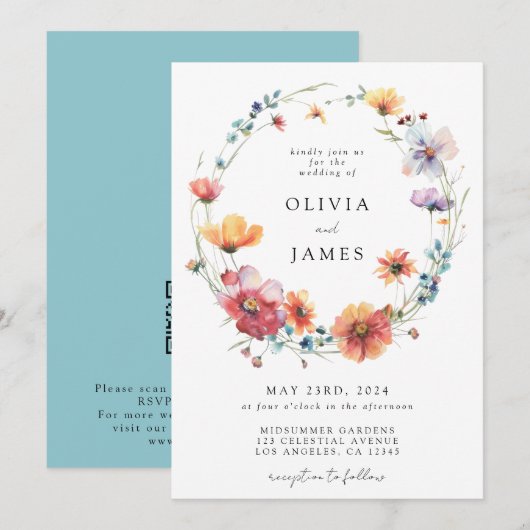 水彩ワイルドフラワーQRコー結婚ド 招待状 (正面/裏面)