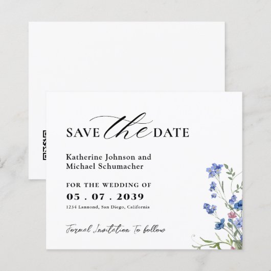 水彩ワイルドフラワーQRcode結婚式の日付を保存 (正面/裏面)