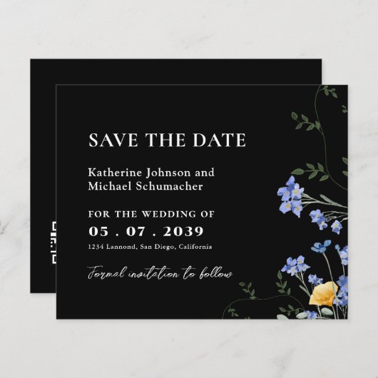 水彩ワイルドフラワーQRcode結婚式の日付を保存 (正面/裏面)