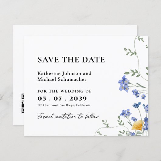 水彩ワイルドフラワーQRcode結婚式の日付を保存 (正面/裏面)