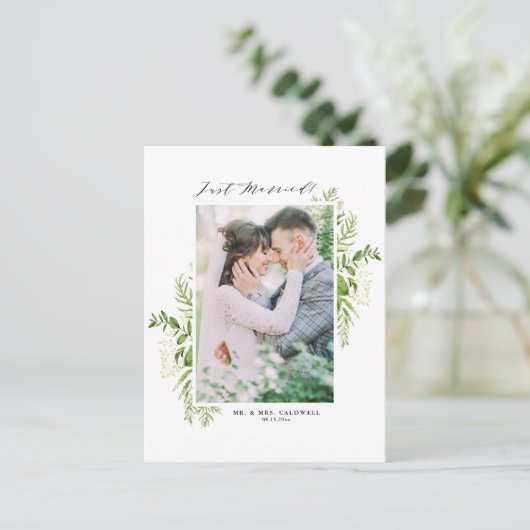 水彩ワイルドリーフのフレームフォトたった今結婚しました 案内ポストカード (スタンド正面)