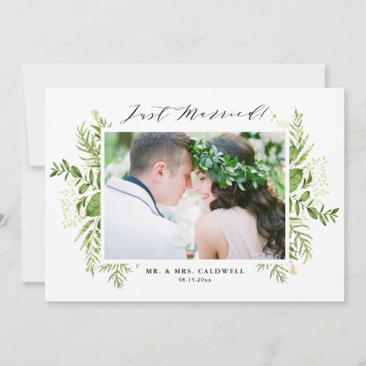 水彩ワイルドリーフ水平たった今結婚しました 案内状 (正面)