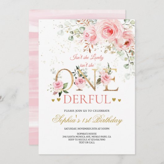 水彩ワイルドワンワイルドフラワー1st誕生日 招待状 (正面/裏面)