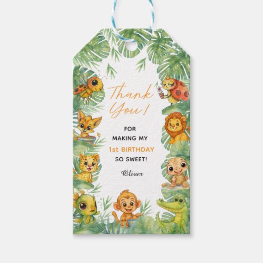 水彩ワイルドワン ジャングル 1歳誕生日ギフトタグ ギフトタグ (正面)