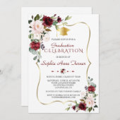 水彩ワインレッドとソフトピンクの花の卒業パーティー 招待状 (正面/裏面)
