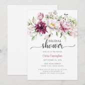 水彩ワインレッドとピンクの花のブライズシャワー 招待状 (正面/裏面)