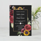 水彩ワインレッドのひまわりと秋のゴールドの結婚式 招待状 (スタンド正面)