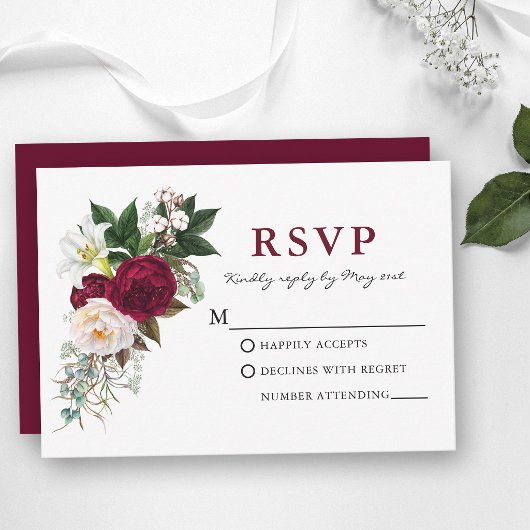 水彩ワインレッドの花と緑 RSVP