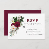 水彩ワインレッドの花と緑 RSVP (正面/裏面)