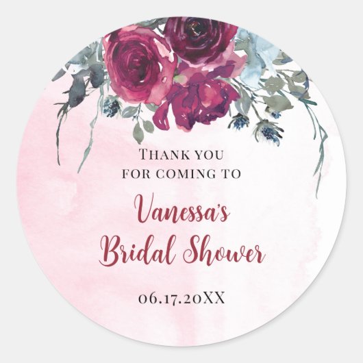 水彩ワインレッドの花束 ラウンドシール (正面)